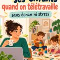 Maman travaillant à domicile pendant que ses enfants jouent avec des jouets.