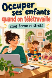 Maman travaillant à domicile pendant que ses enfants jouent avec des jouets.