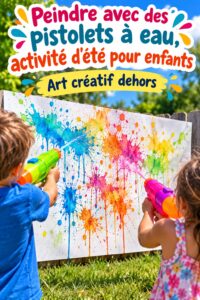 Enfants sereins peignant avec des pistolets à eau dans un jardin ensoleillé.