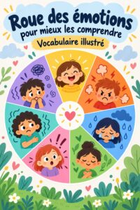 Un poster coloré avec des mots représentant différentes émotions, accroché au mur d'une chambre d'enfants.