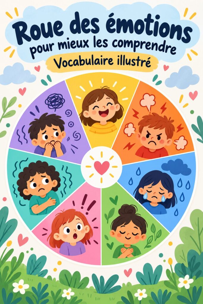Un poster coloré avec des mots représentant différentes émotions, accroché au mur d'une chambre d'enfants.