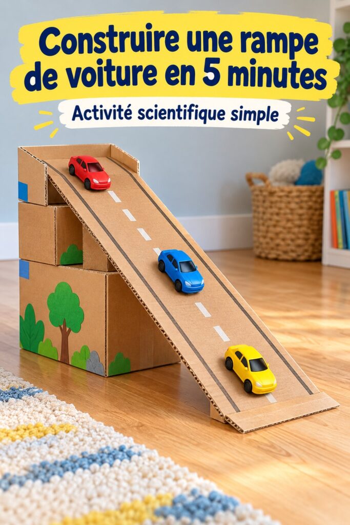 Enfant s'amusant à faire rouler des voitures sur une rampe en carton réalisée à la maison