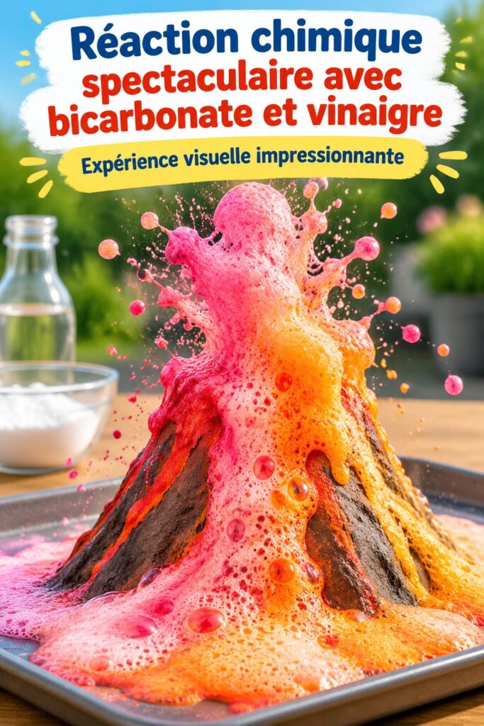 Réaction chimique avec bicarbonate et vinaigre illustrée avec des enfants